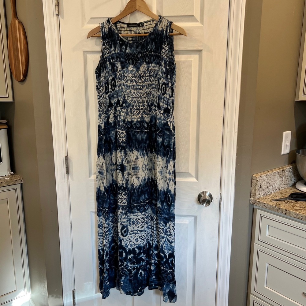 Notations Petite Blue White Tie Dye Ikat Smocked Maxi Dress Sleeveless PS Small